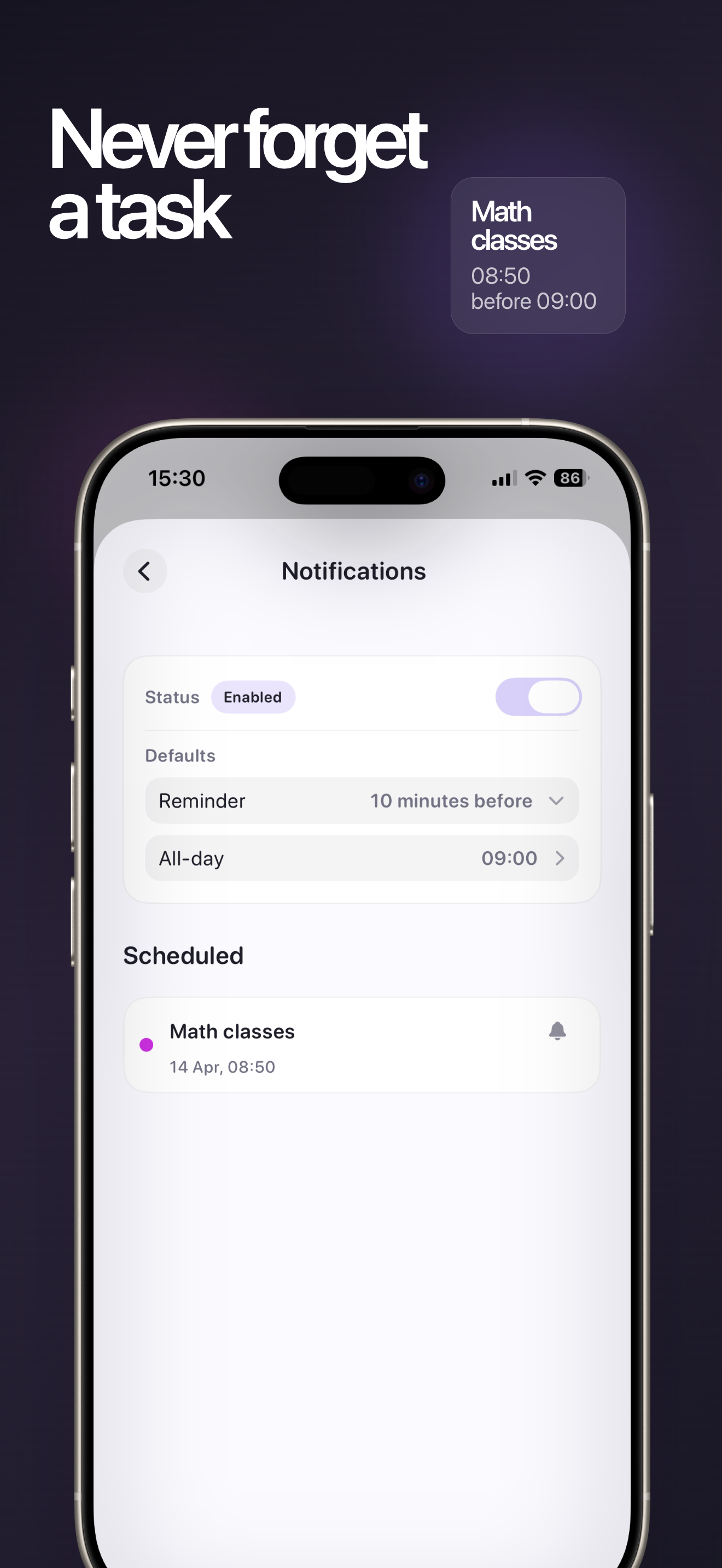 Task Planner notifications screen